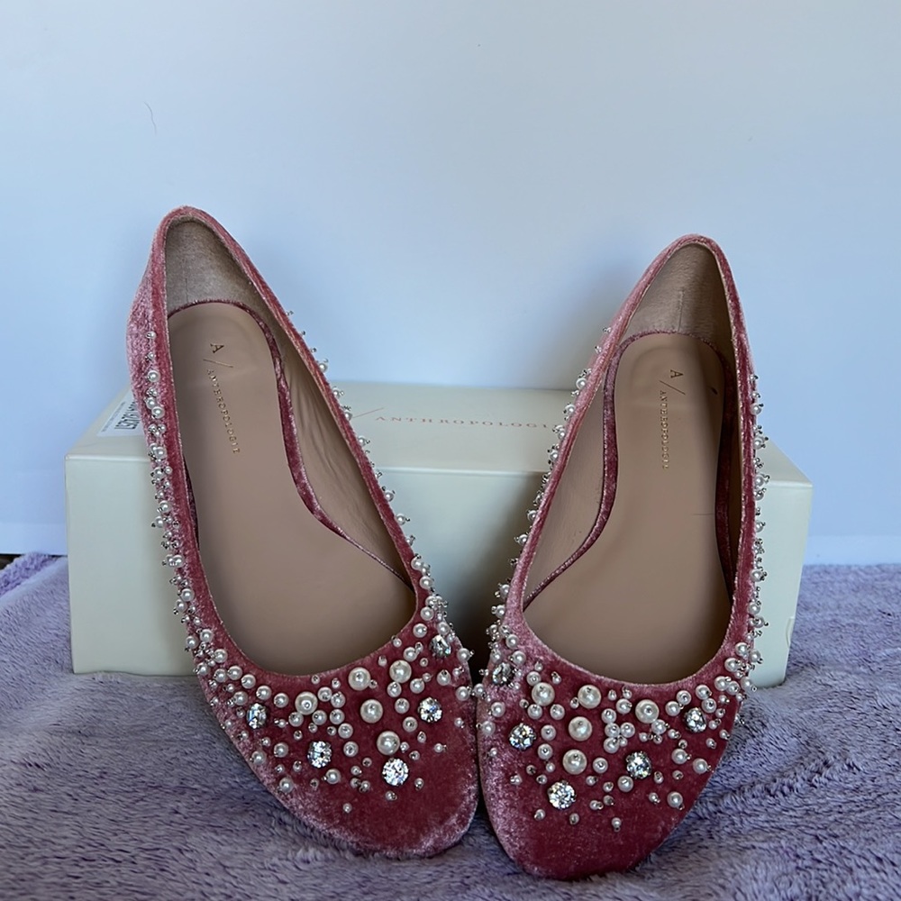 Anthropologie Pink Velvet Ballet Flats w/ gemstones and pearls